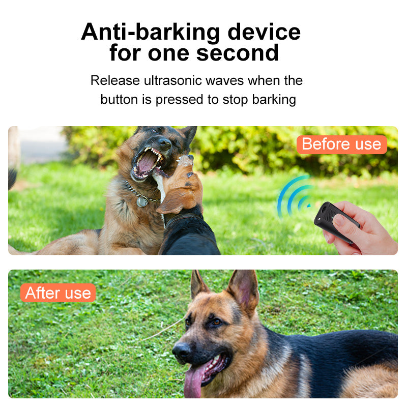 Anti-barking device for dogs with a remote control, showing before and after use on a grassy background.