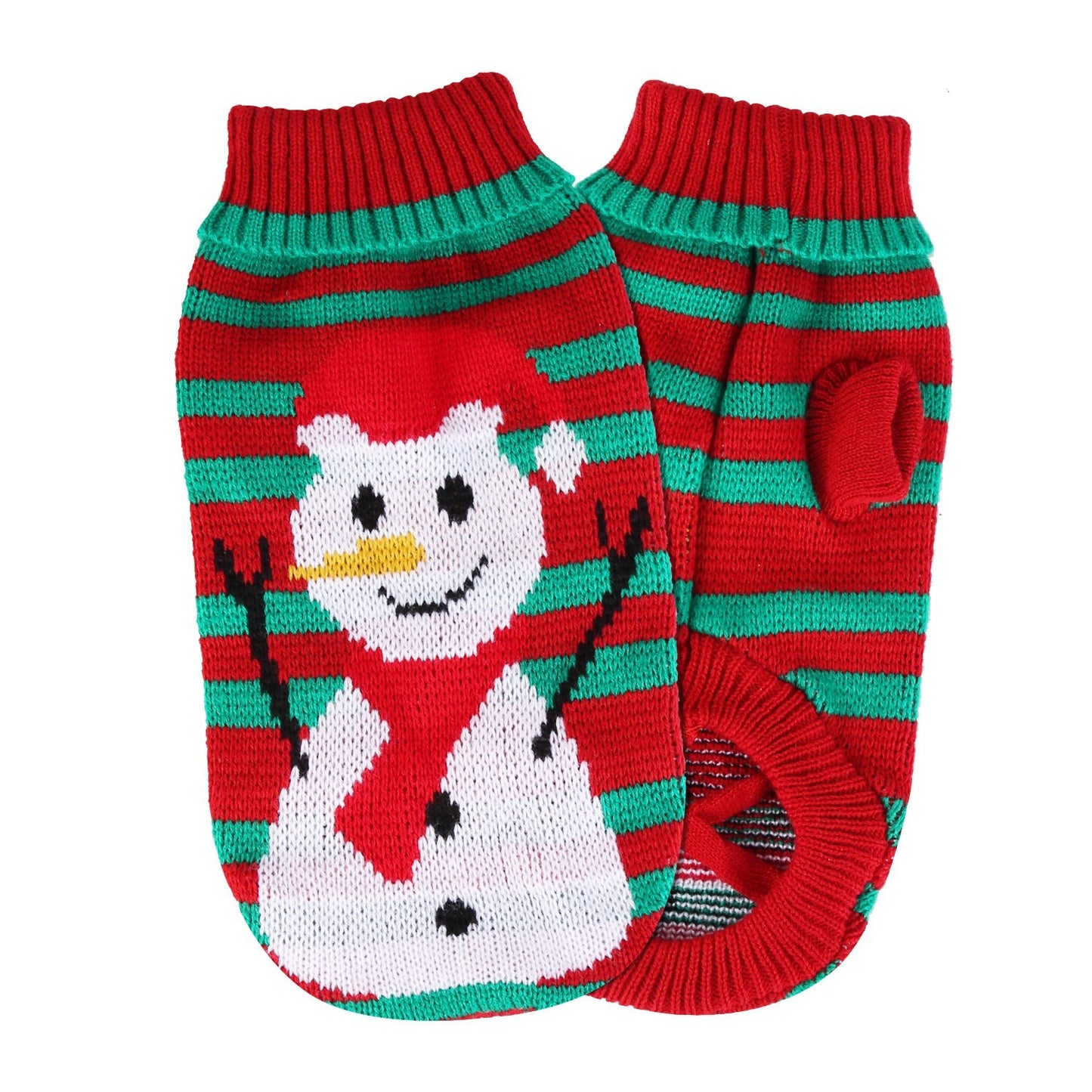 Red and green striped dog sweater with snowman design on a white background