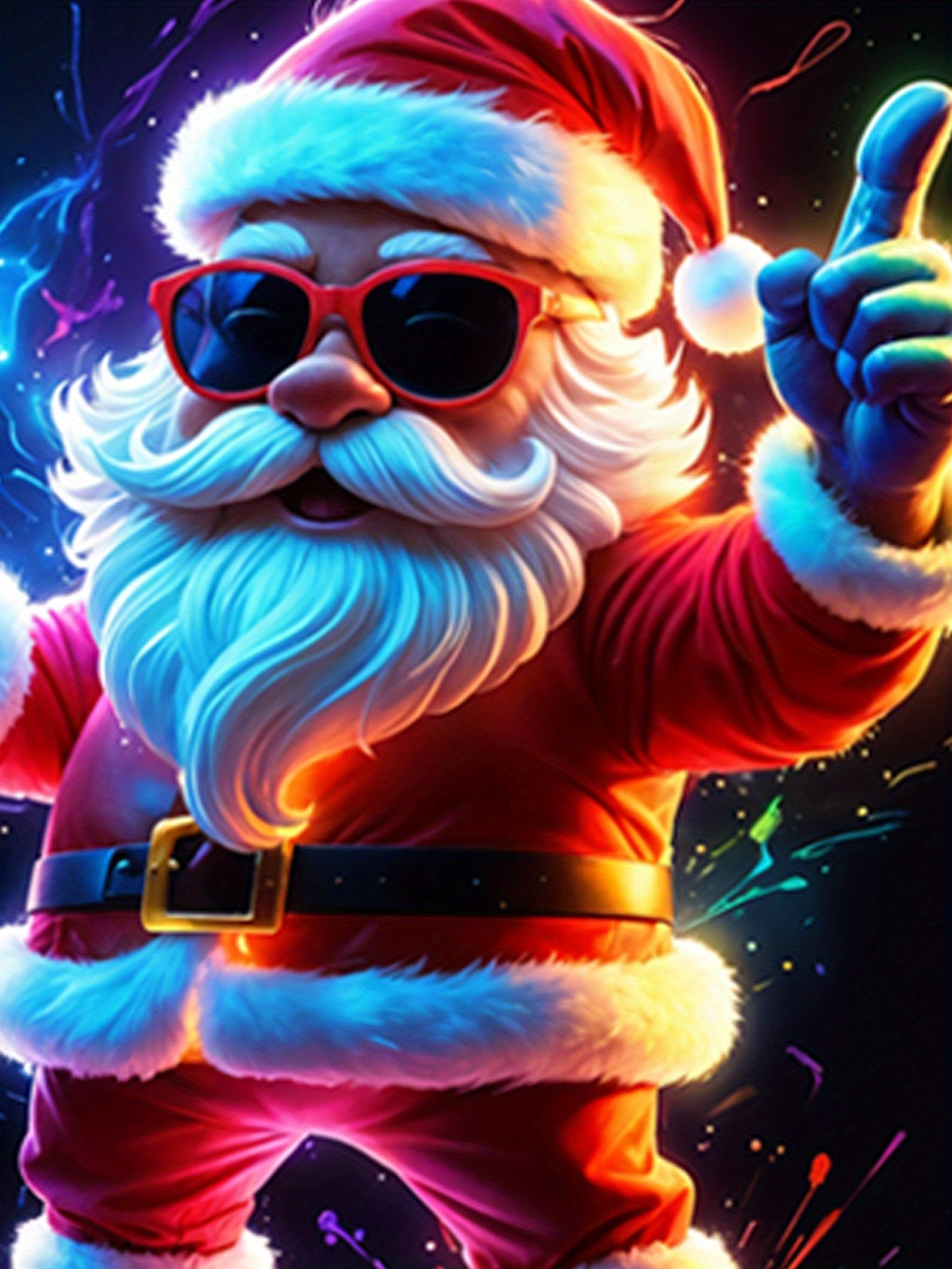Santa Claus wearing sunglasses and giving a thumbs-up gesture with a colorful background