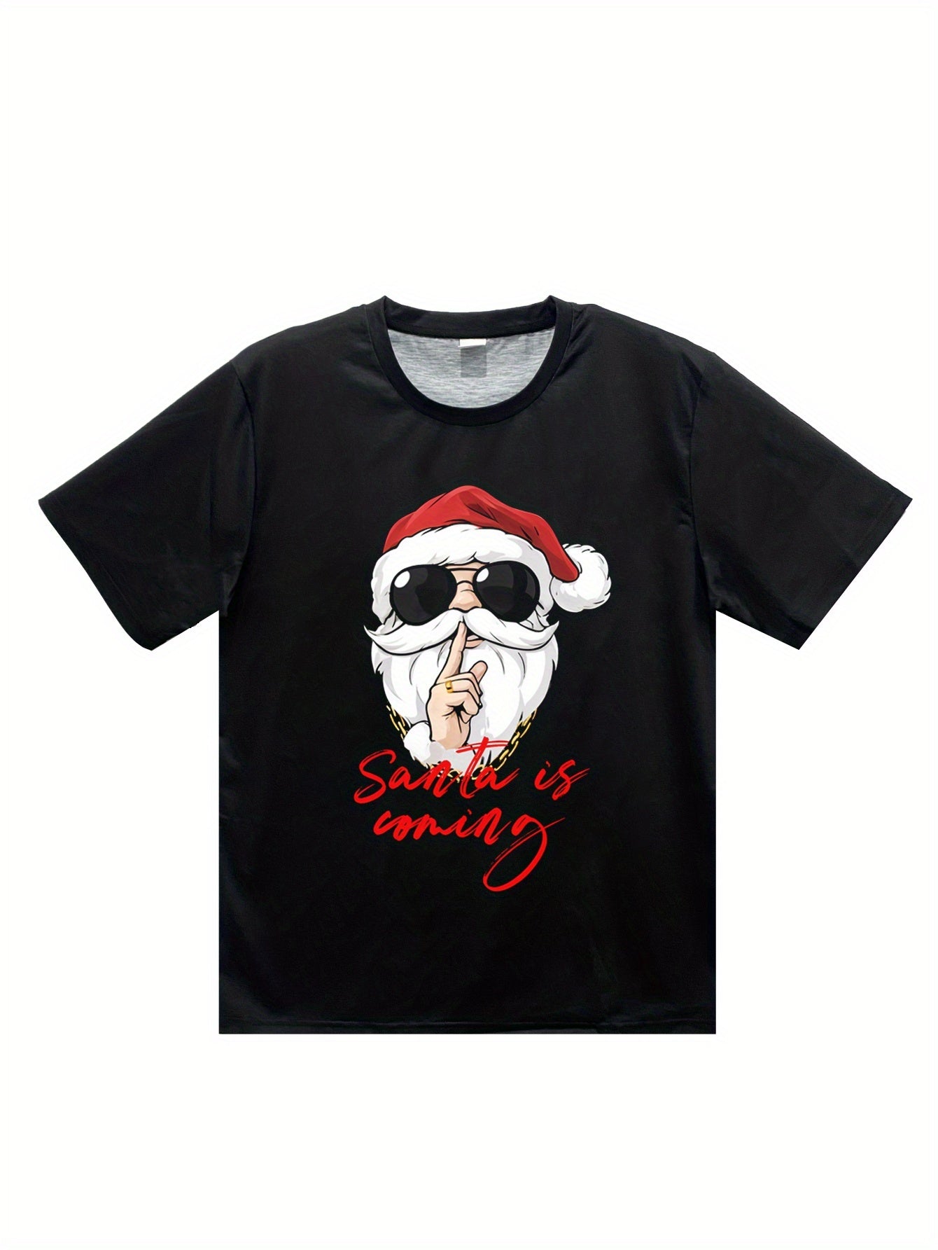 Black t-shirt with a graphic of Santa Claus wearing sunglasses and a red hat, with text 'Santa is coming' on a white background.