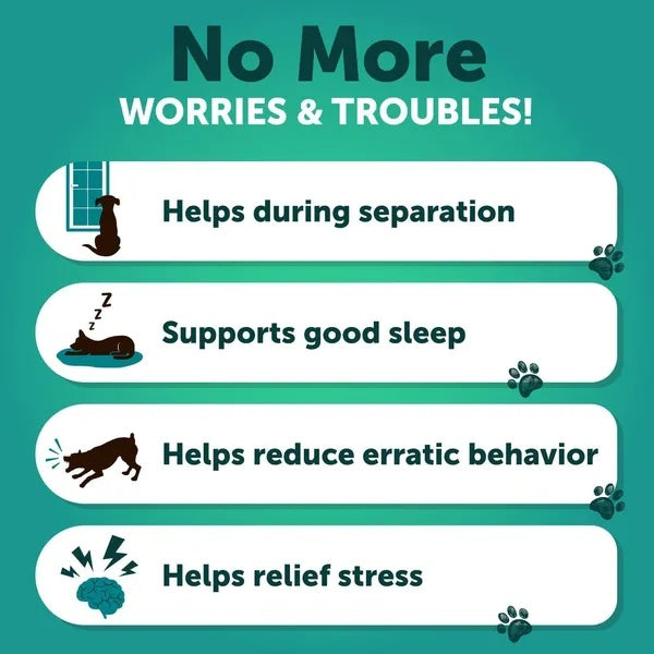 Product advertisement for a pet product with benefits listed on a teal background