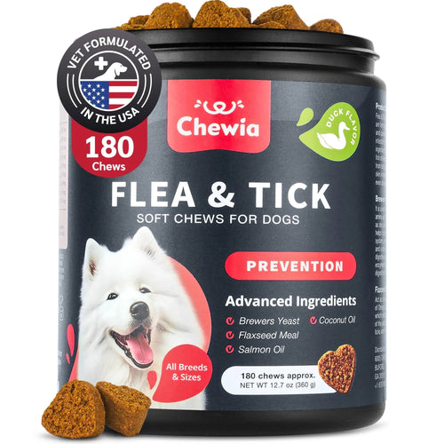 Chewia flea and tick soft chews for dogs packaging with a white dog illustration on a white background