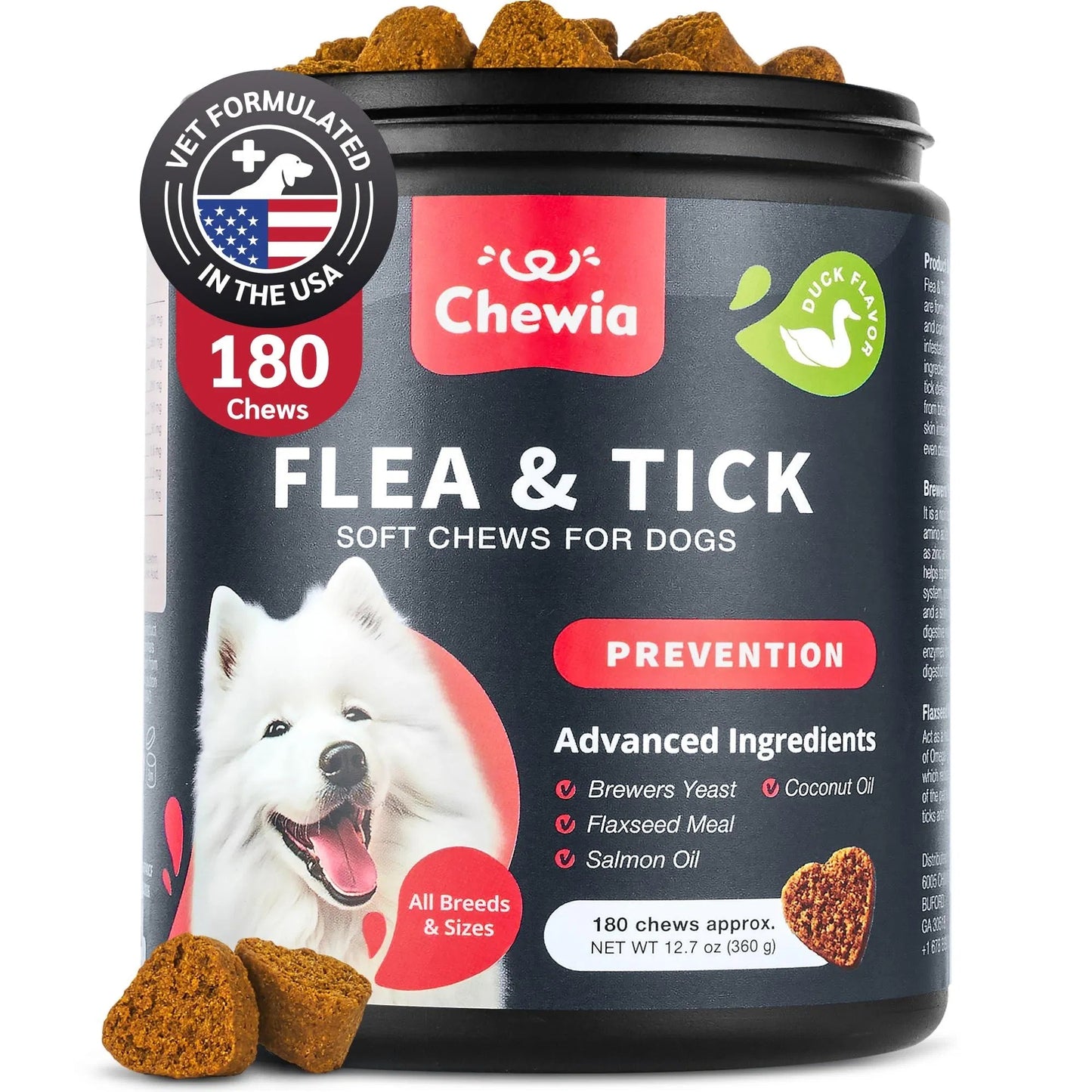 Chewia flea and tick soft chews for dogs packaging with a white dog illustration on a white background