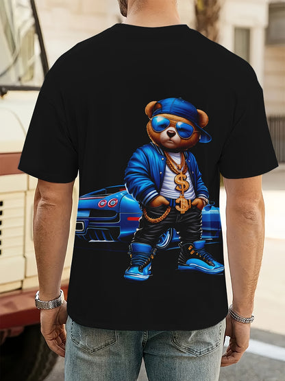 Person wearing a black t-shirt with a bear graphic in blue and gold attire.