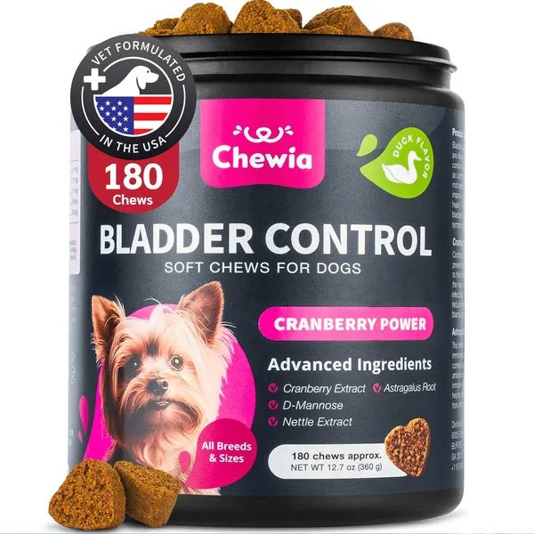 Chewia Bladder Control soft chews for dogs with a container and treats on a white background
