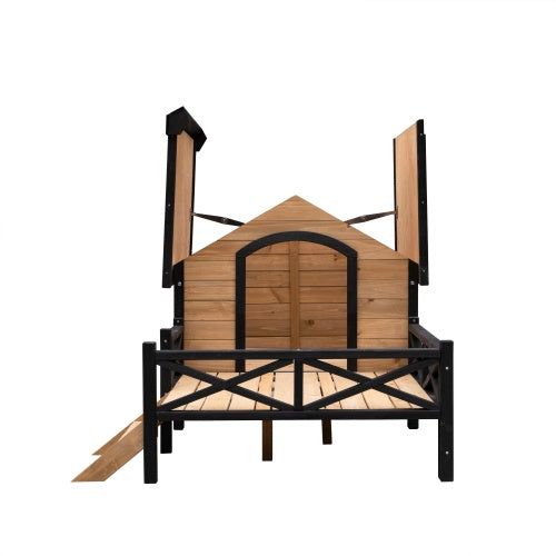 Wooden playhouse with black metal frame on a white background