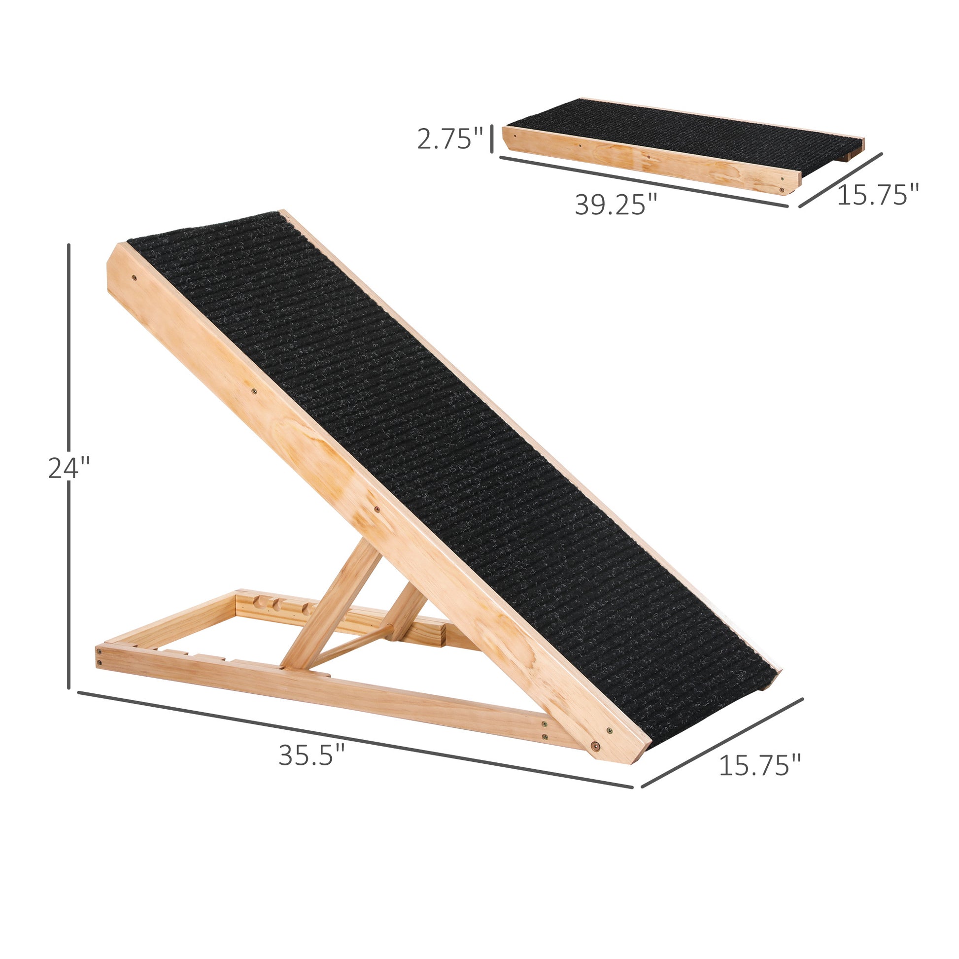 Wooden pet ramp with black textured surface and measurements on a white background