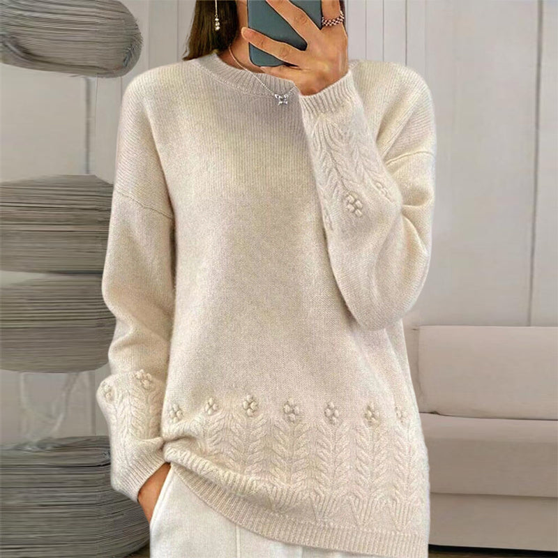 Women's Solid Color 3D Floral Embroidered Sweater, Loose Round Neck Long Sleeve Pullover For Autumn & Winter