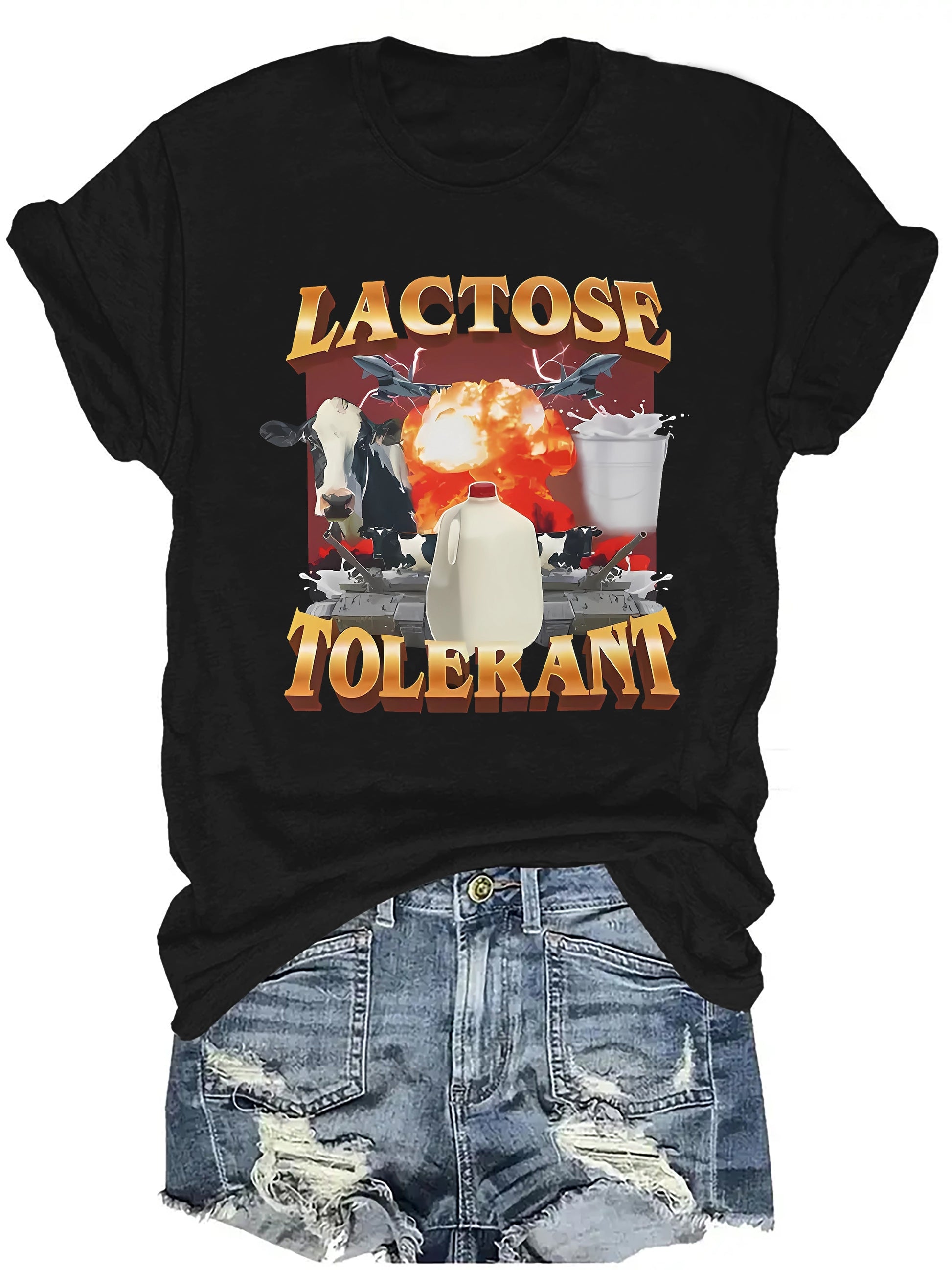 Black t-shirt with 'LACTOSE TOLERANT' graphic design on a white background