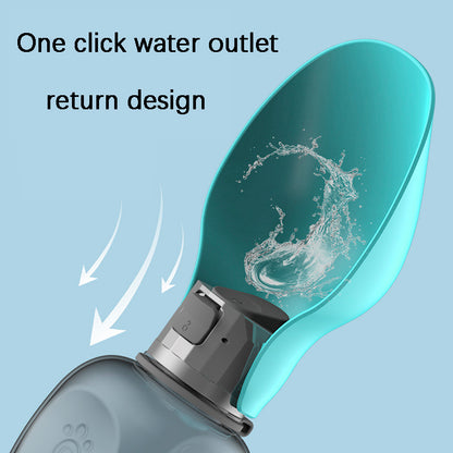 Close-up of a water bottle with a one-click water outlet design on a light blue background.
