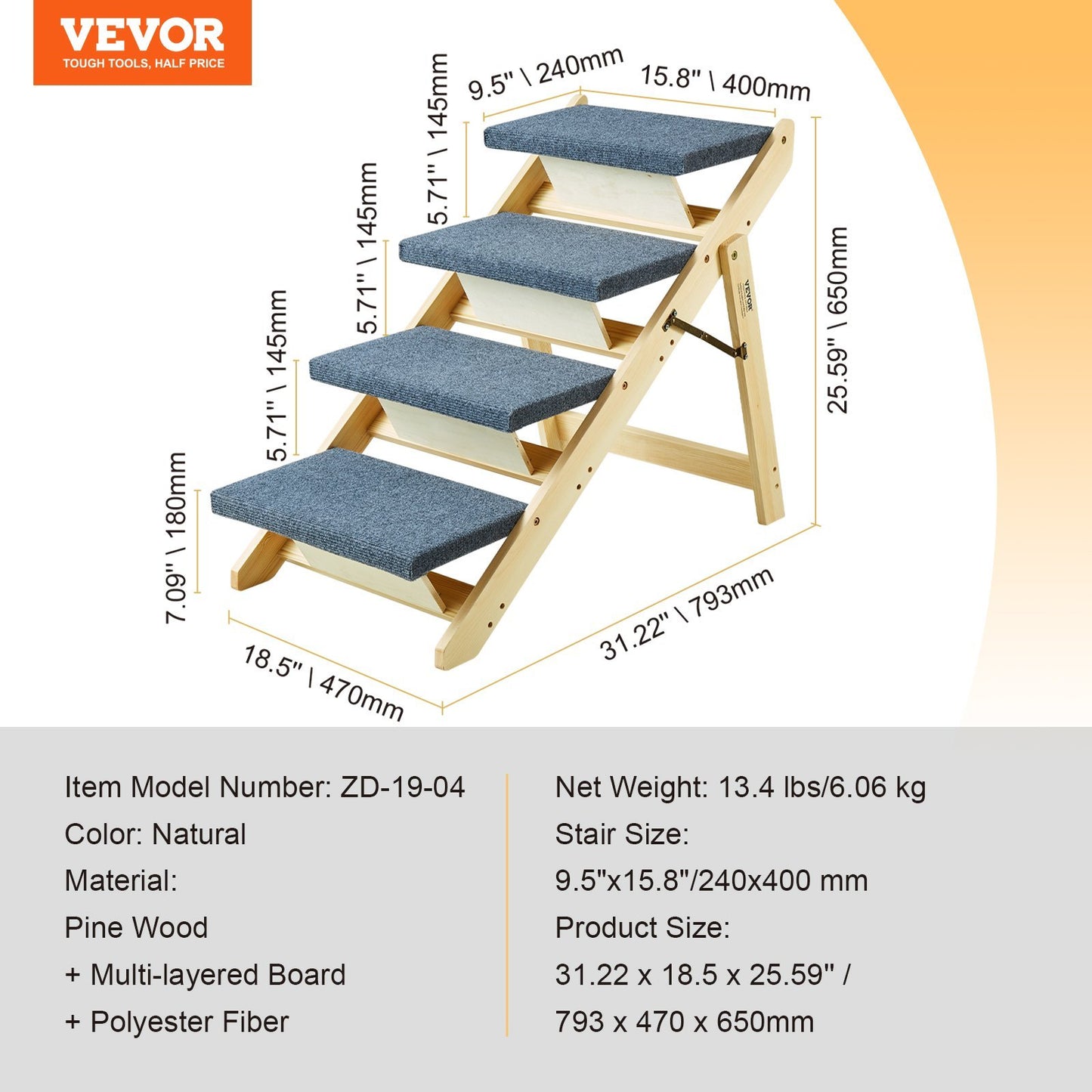 Wooden pet stairs with blue steps and dimensions, VEVOR branding visible.