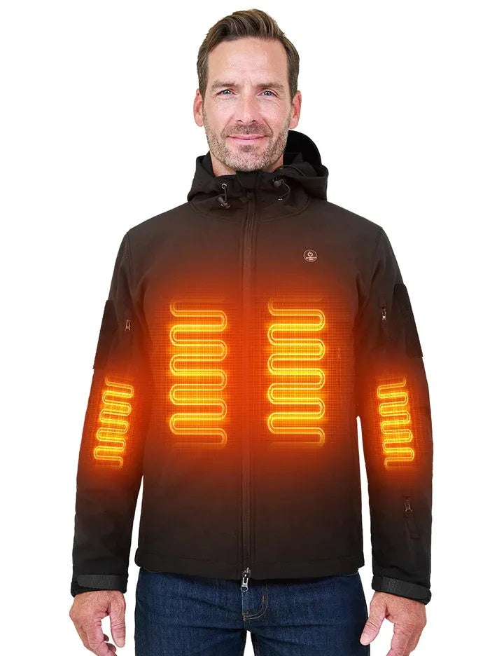 Man wearing a heated jacket with glowing heating elements on a white background