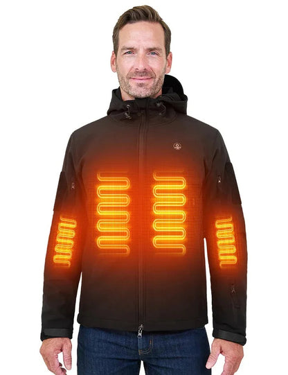 Man wearing a heated jacket with glowing heating elements on a white background