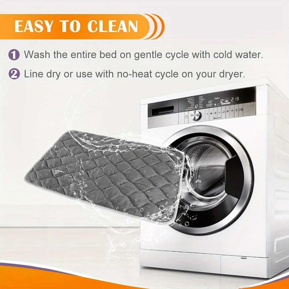 Mattress cover being washed in a washing machine with text on how to clean it.