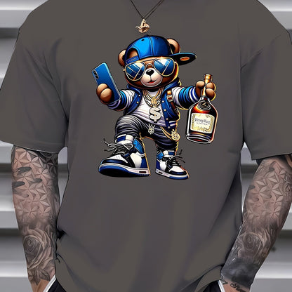 Gray t-shirt with a cartoon bear holding a phone and bottle on a gray background