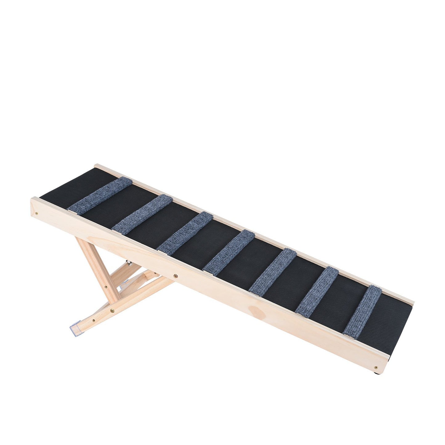 Wooden pet ramp with black mat on a white background