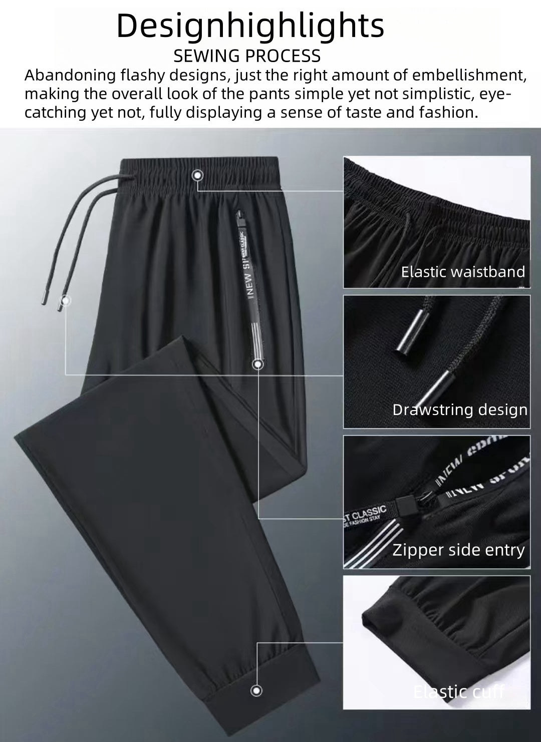 Black pants with features highlighted on a gray background