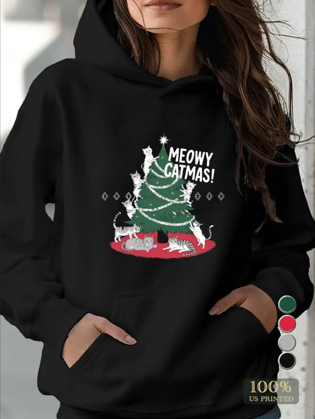 Black hoodie with 'Meowy Catmas!' Christmas tree design featuring cats.