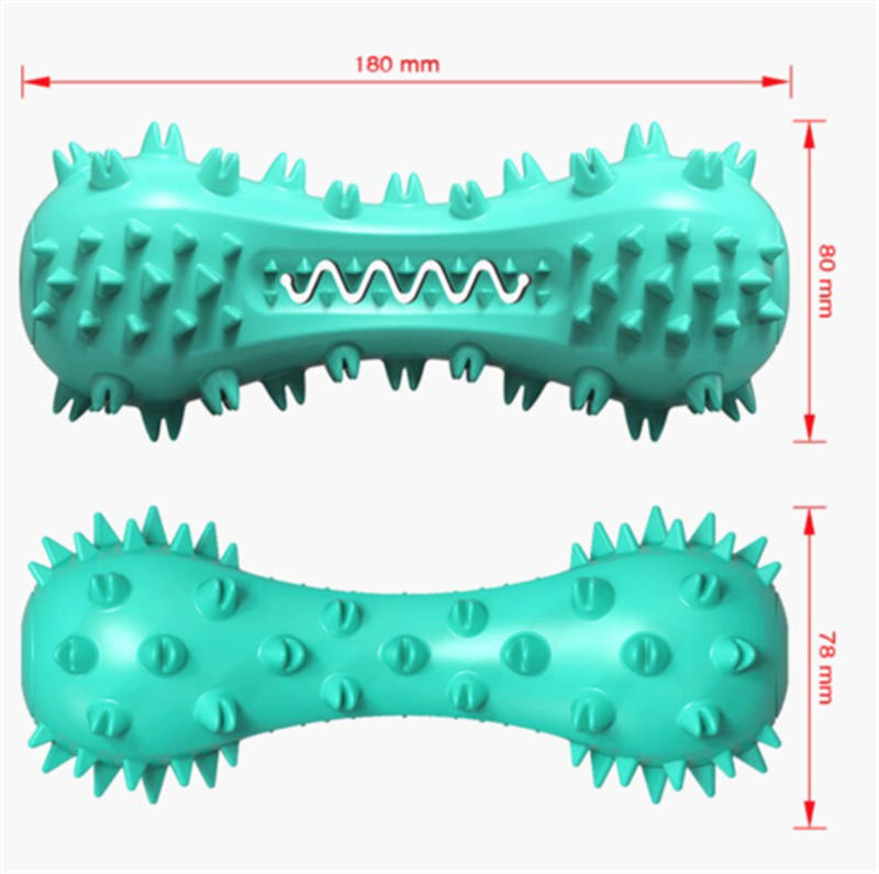 Teal dog toy with textured surface and measurements on a white background