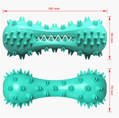 Teal dog toy with textured surface and measurements on a white background