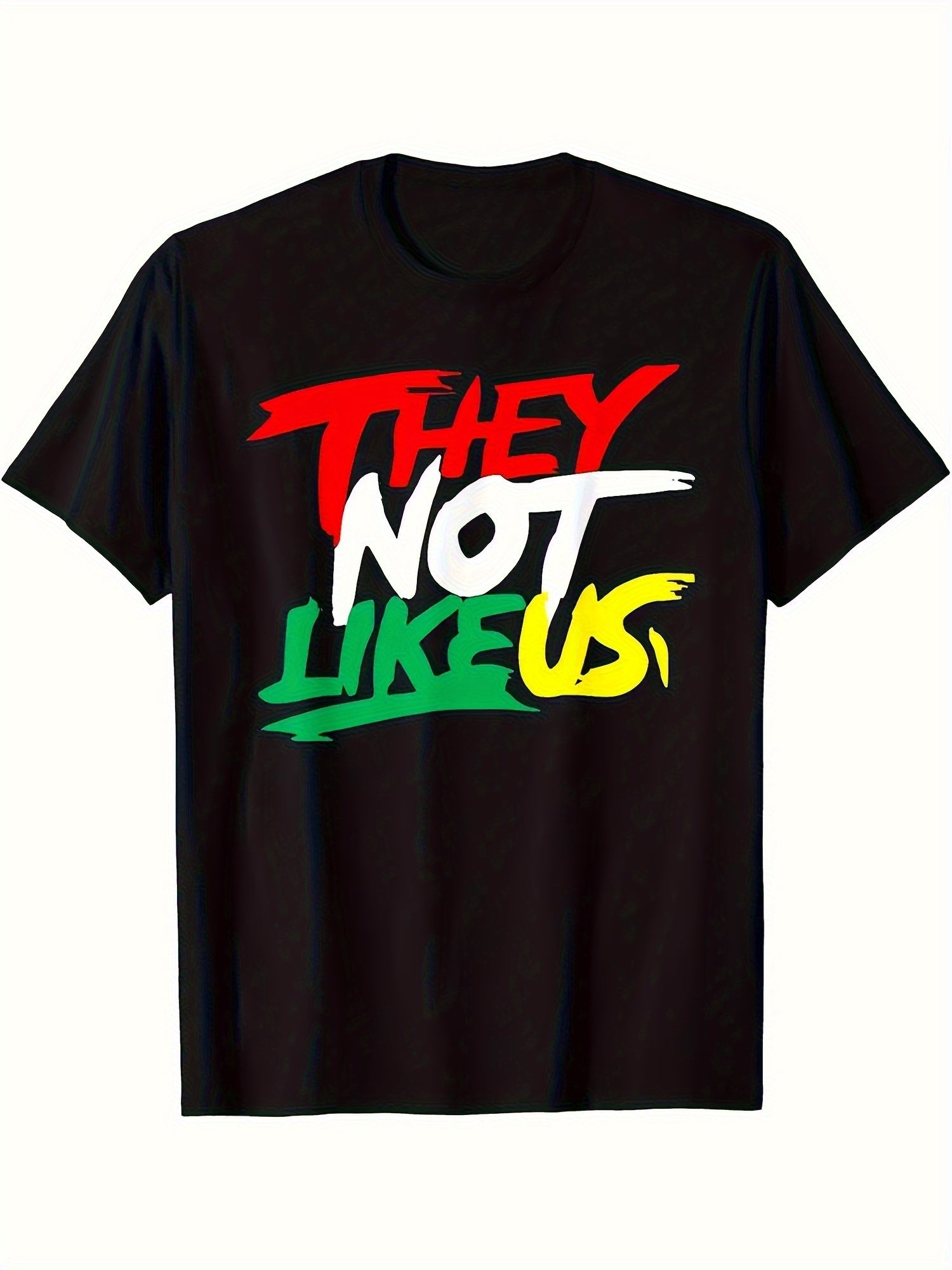 Black t-shirt with colorful text 'THEY NOT LIKE US' on a white background
