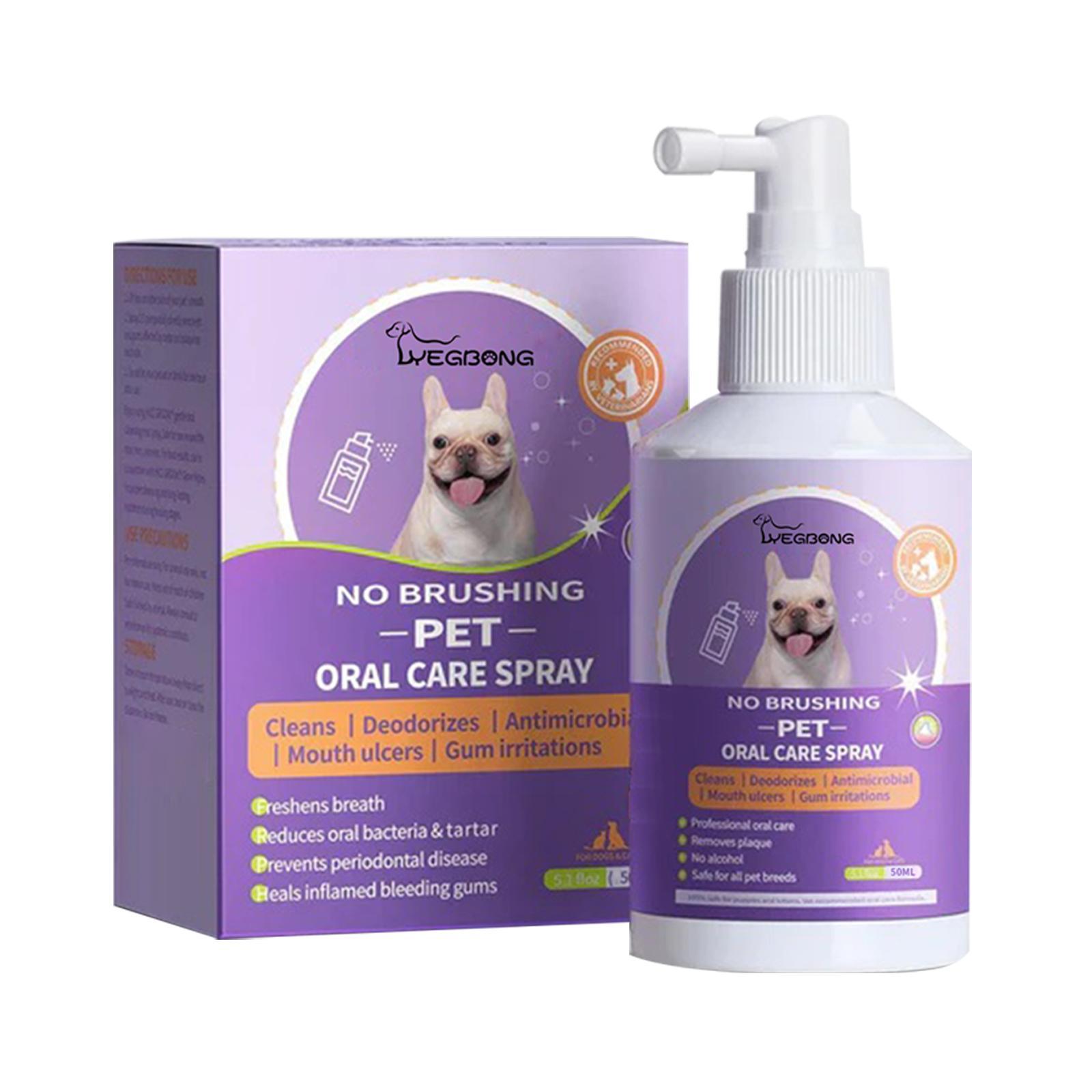 Pet oral care spray with packaging featuring a dog illustration on a white background