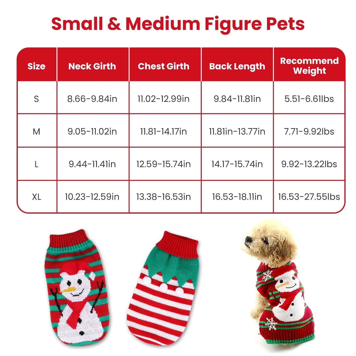 Pet sweater with snowman design, size chart for small and medium figure pets, and a dog wearing the sweater.