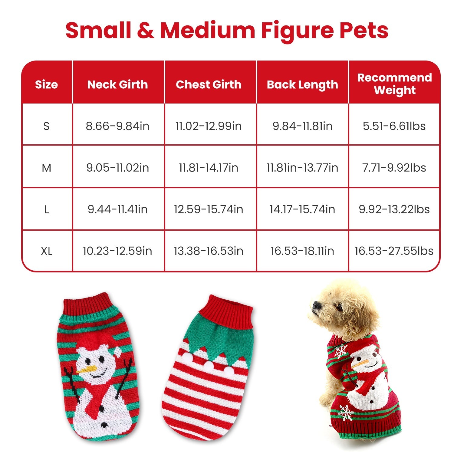 Pet sweater with snowman design, size chart for small and medium figure pets, and a dog wearing the sweater.