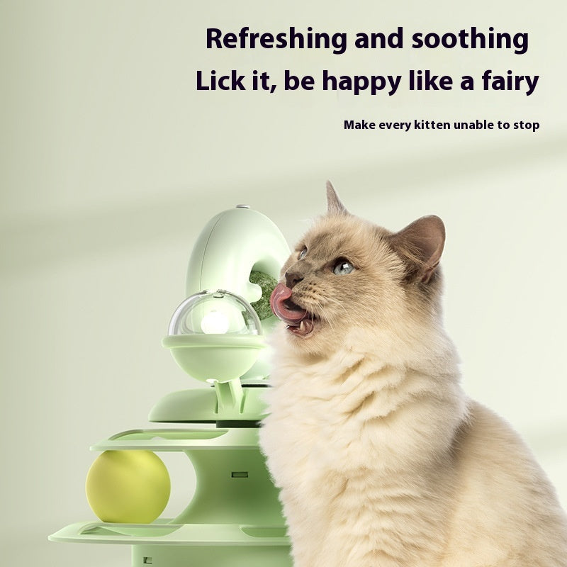 Cat using a green pet product with text about its refreshing and soothing effects.