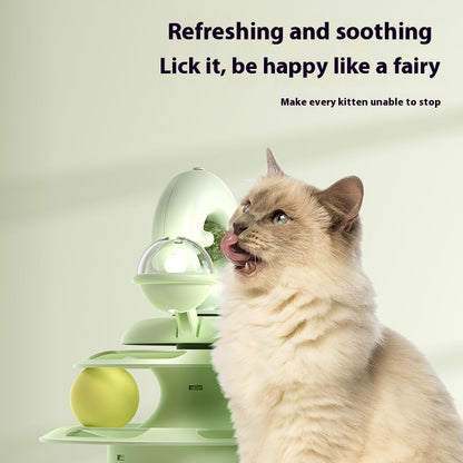 Cat using a green pet product with text about its refreshing and soothing effects.