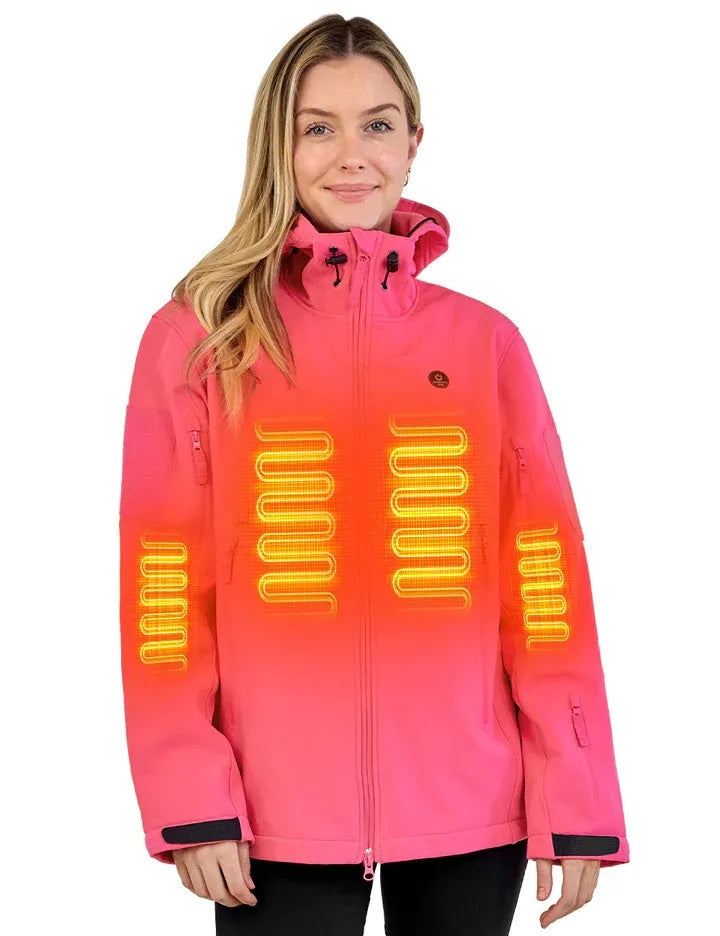 Woman wearing a pink and orange jacket with neon yellow graphics on a white background