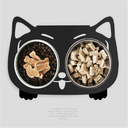 Cat-shaped double bowl feeder with pet food on a light gray background