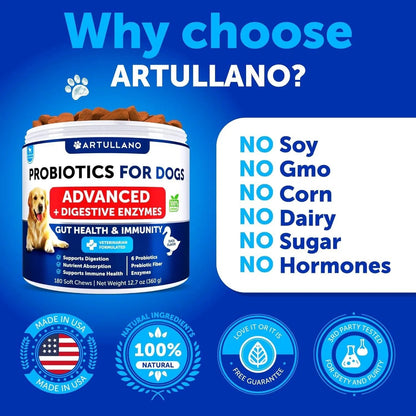 Artullano probiotics for dogs with blue background and product image