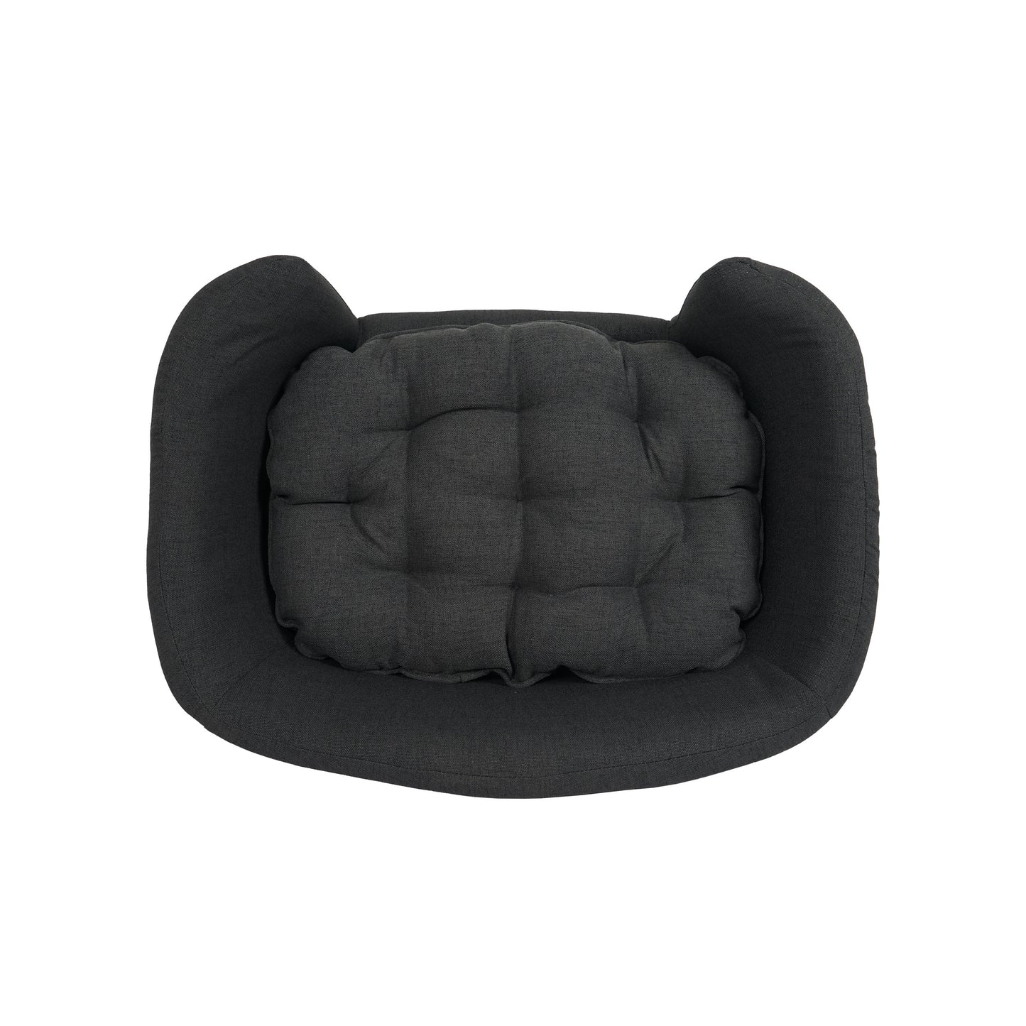 Dark gray pet bed with a cushion on a white background