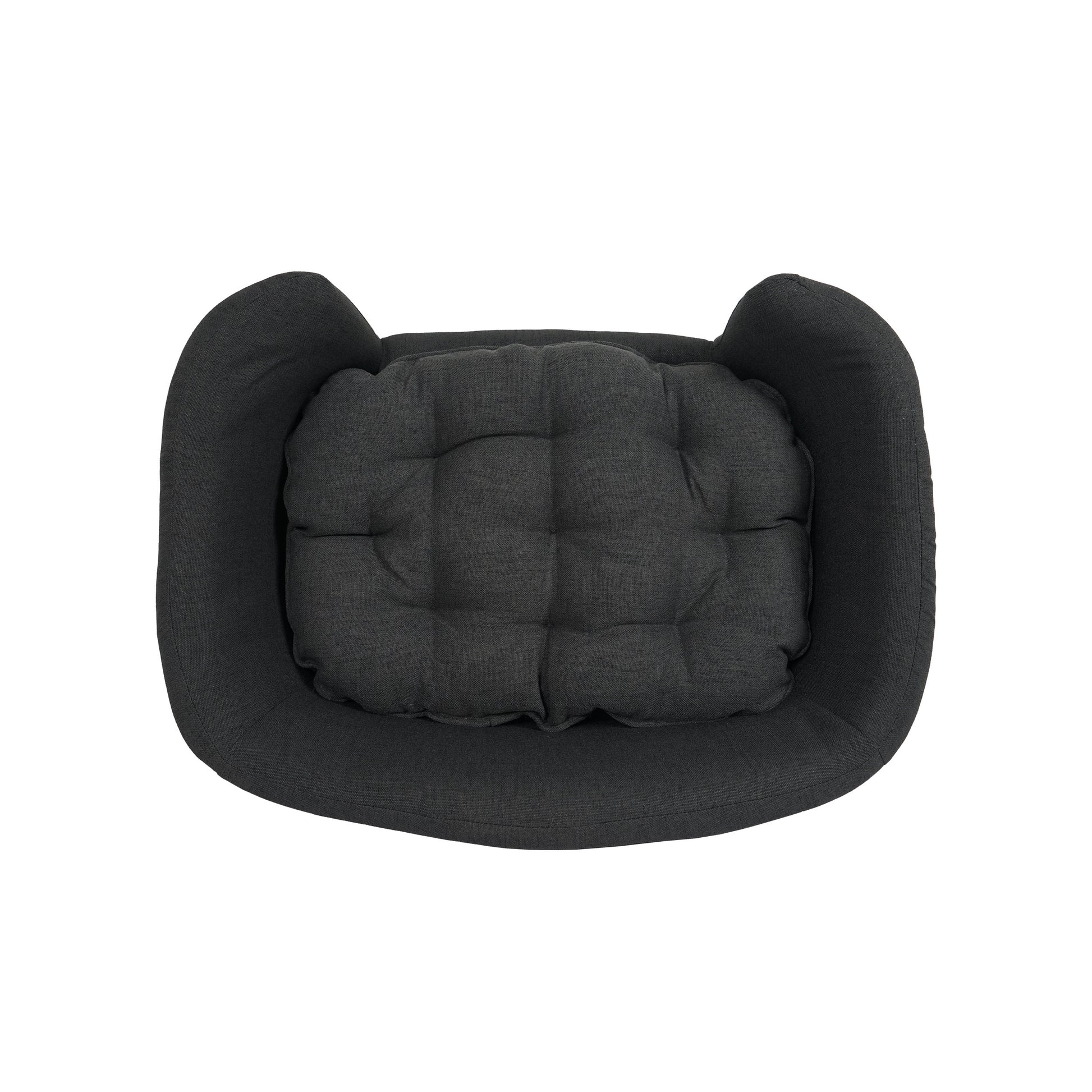 Dark gray pet bed with a cushion on a white background