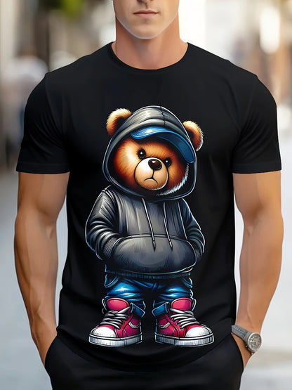 Black t-shirt with a bear graphic wearing a hoodie and blue pants, worn by a person.