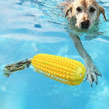 Dog playing with a yellow corn-shaped toy in water