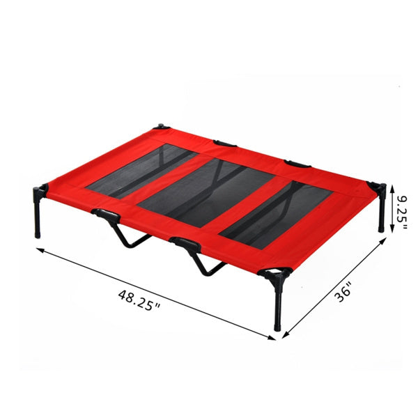 Red and black pet cot with dimensions on a white background