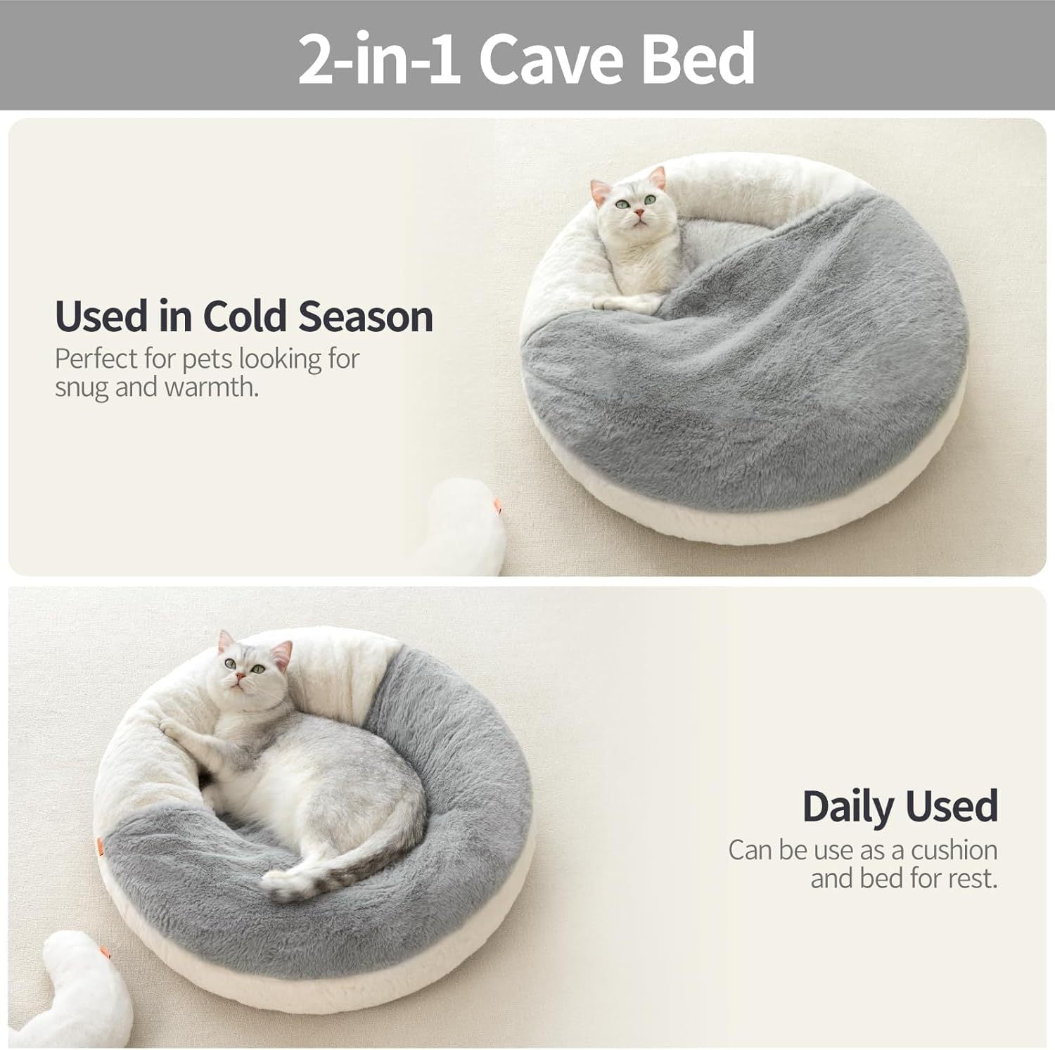 2-in-1 Cave Bed with a cat inside, used in cold seasons and daily use.