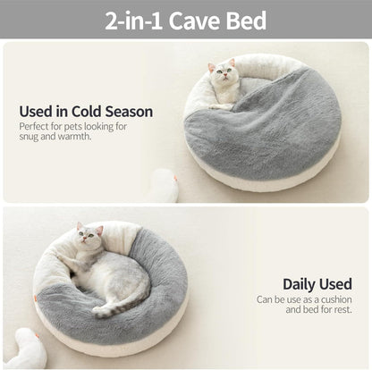 2-in-1 Cave Bed with a cat inside, used in cold seasons and daily use.