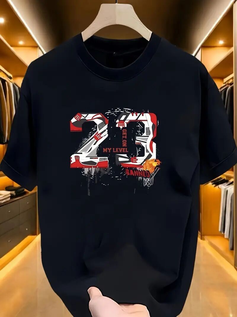Black sweatshirt with a red and white graphic design on a hanger.