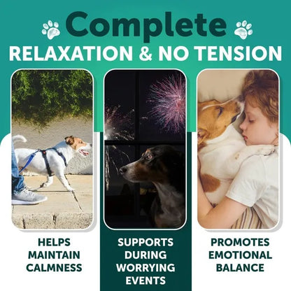 Advertisement for a product promoting relaxation and emotional balance with images of a dog on a leash, fireworks, and a child with a dog.