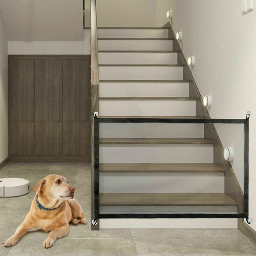 Dog sitting on a tiled floor next to a staircase with a glass pet gate.