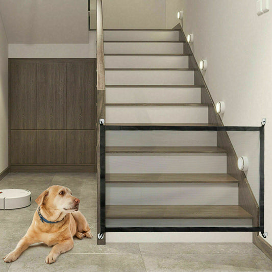 Dog sitting on a tiled floor next to a staircase with a glass pet gate.