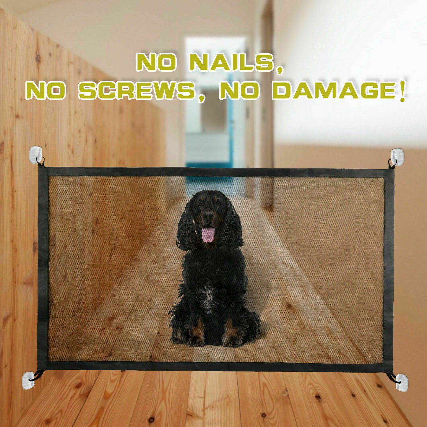 Dog sitting behind a pet gate with text 'No Nails, No Screws, No Damage!' in a home setting.