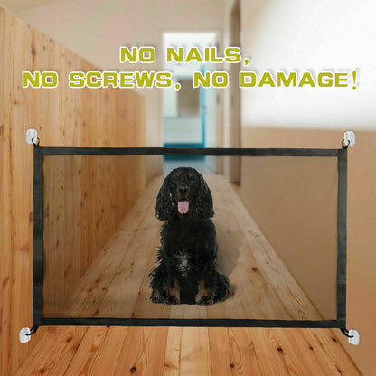 Dog sitting behind a pet gate with text 'No Nails, No Screws, No Damage!' in a home setting.