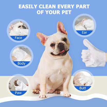 Dog with cleaning tools and text indicating pet cleaning features on a blue background