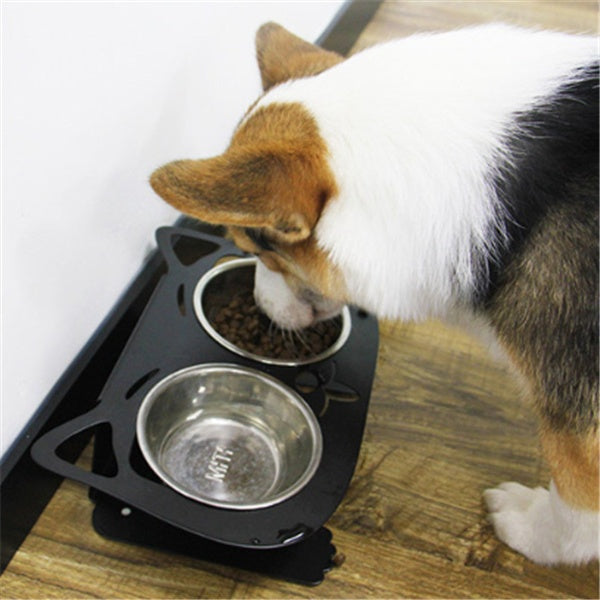 Cat drinking from a metal bowl on a black elevated pet feeder.