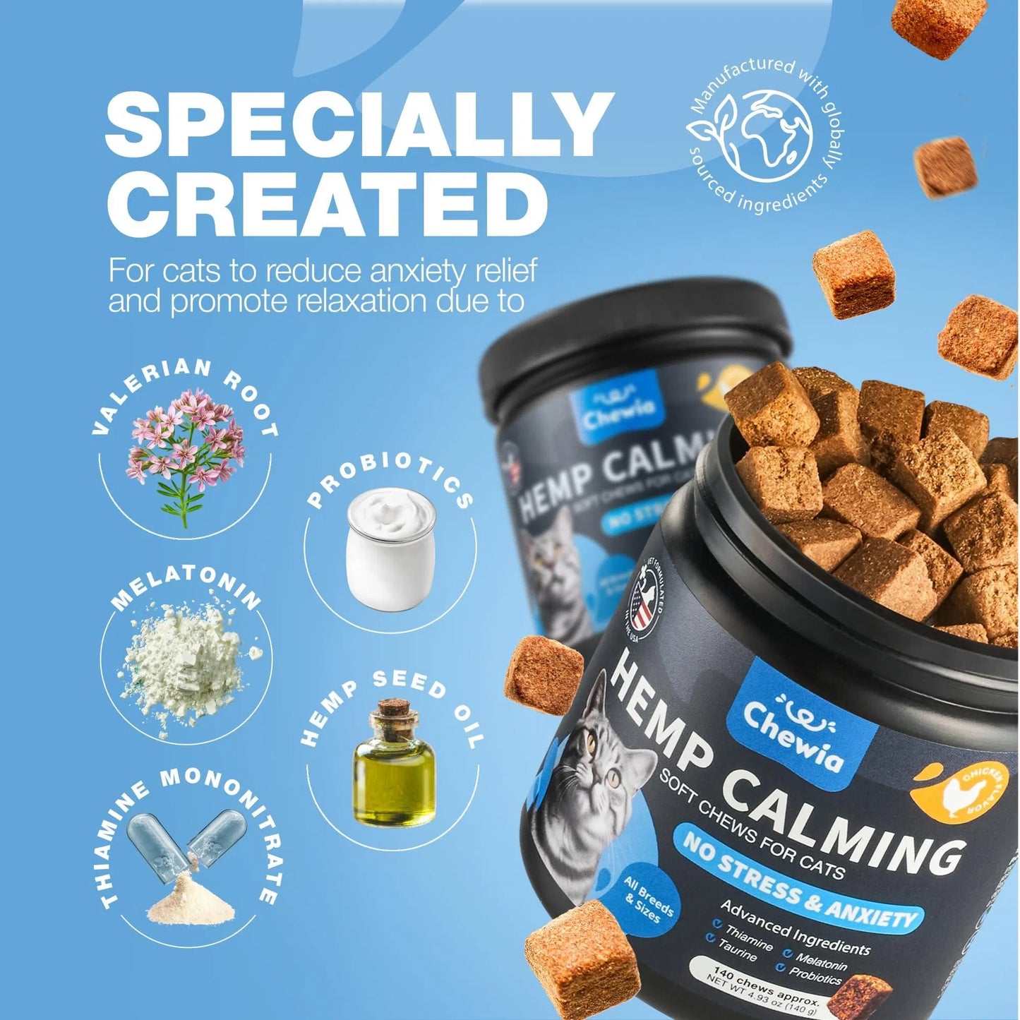 Chewia Hemp Calming soft chews for cats with ingredients listed on a blue background