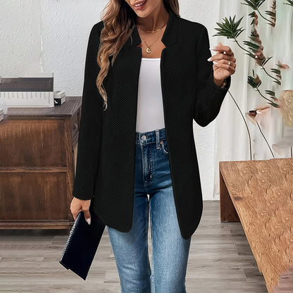 Women's Solid Color Notched Lapel Blazer - Textured Elegant Jacket For Fall & Winter Formal & Casual Wear